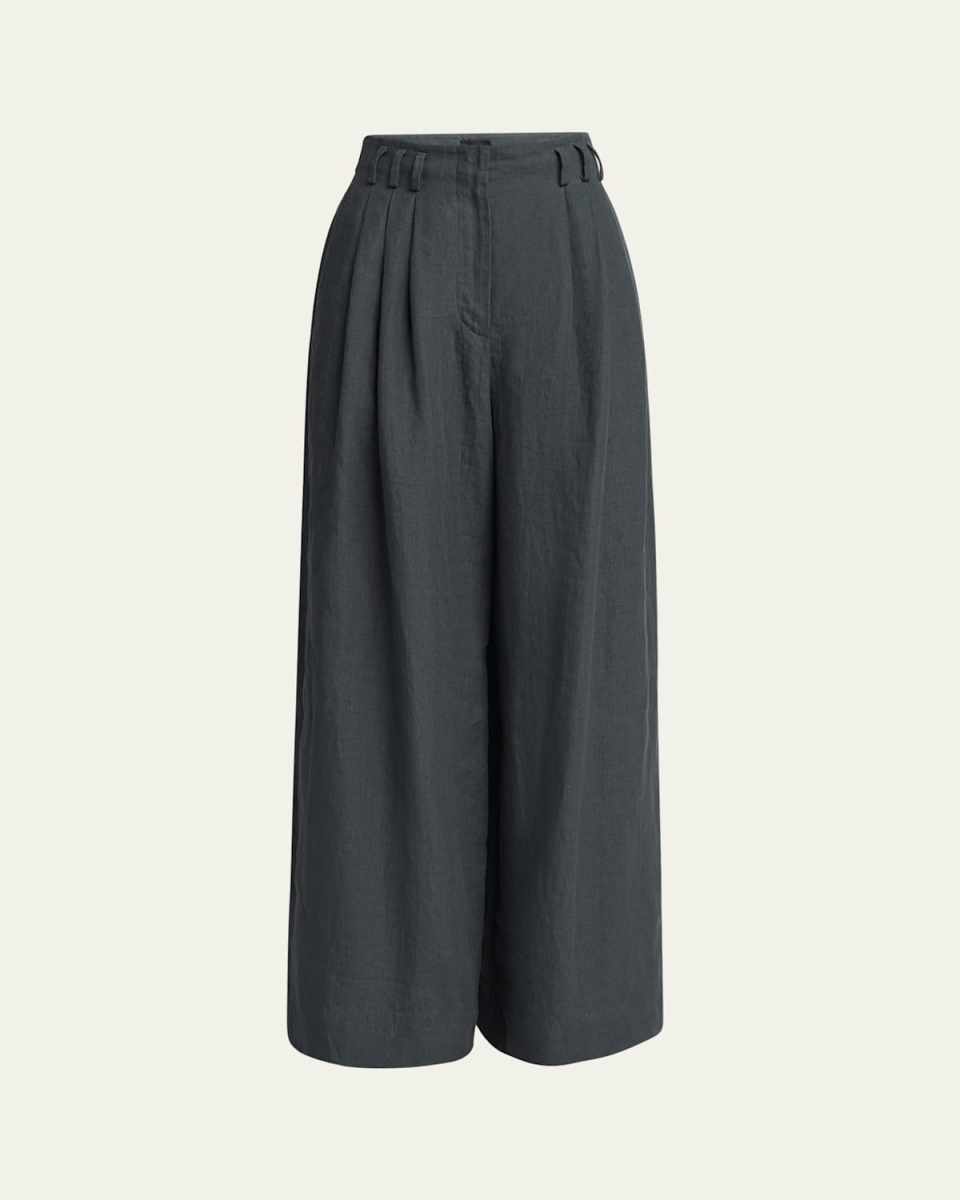 Pleated Wide-Leg Linen Trousers